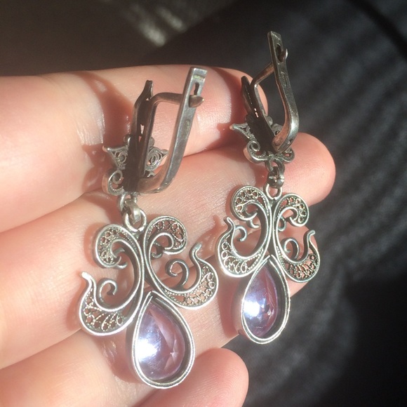 Filigree earrings 925 silver with purple stone - Picture 5 of 14